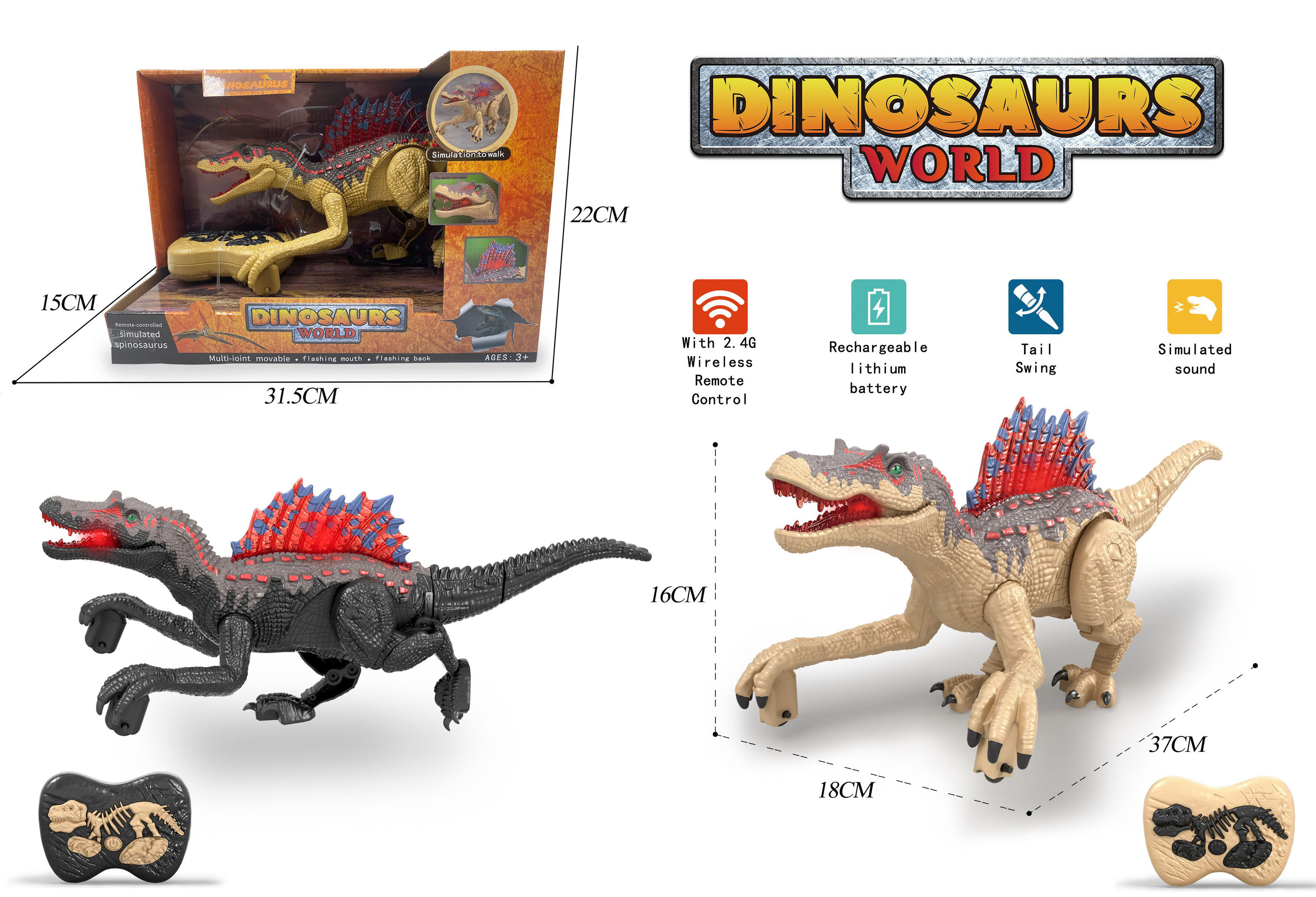Dinosaure Télécommandé Jouet Electrique 2.4 GHz avec LED Lumineux