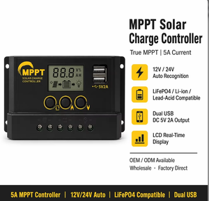 Controlador de Carga Solar MPPT Original de <span class=keywords><strong>5A</strong></span> <span class=keywords><strong>12V</strong></span> 24V con Pantalla LCD, Doble USB 5V2A, Regulador de Batería para Panel Solar Fuera de la Red, Venta al Por Mayor OEM - Product Image 1