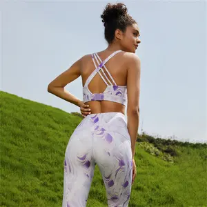 Soutien-gorge de sport avec dos croisé pour femmes, ensemble de leggings d'entraînement, vêtements de sport, ensembles de compression et yoga, avec impression par sublimation personnalisée, vente en gros