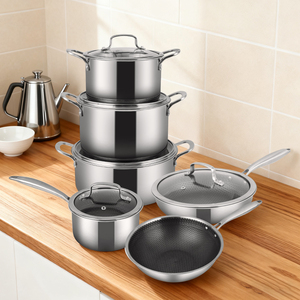 11 Parça Mutfak İndüksiyon Yapışmaz Tencere ve Tava Seti Wok Seti Üç Katmanlı 304/316 Paslanmaz Çelik Petek Desenli Tencere Seti Kapaklı - Product Image 1