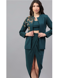 Green Hand Work Summer Blazer Skirt Set Waterproof <b>Detailed</b> Craft Embellishment (Pearls Flowers Crystals) Tailored Blazer Jacket - Product Image 1