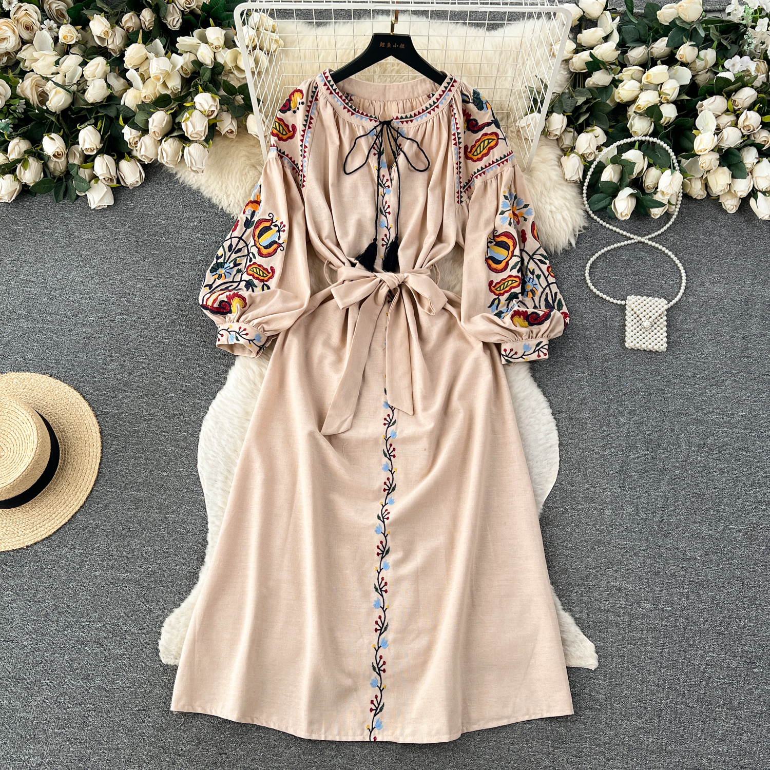 Autumn Vintage Tunic Midi Dress - Puff Sleeve Empire Embroidery