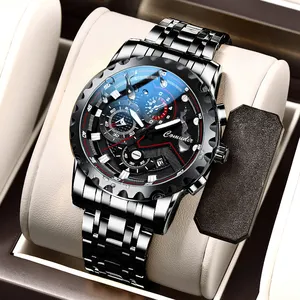 KVC Montre chronographe de qualité supérieure Montre-bracelet en acier inoxydable pour hommes Montres-bracelets noire résistante à l'eau avec logo personnalisé