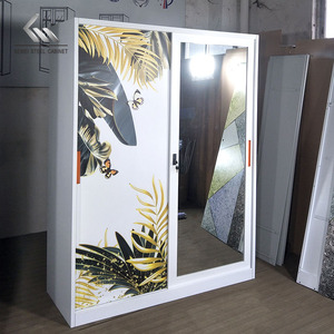 Basit baskılı ev yatak odası dolap tasarımı 2 sürgülü kapı çelik dolap Almirah Metal dolap - Product Image 6