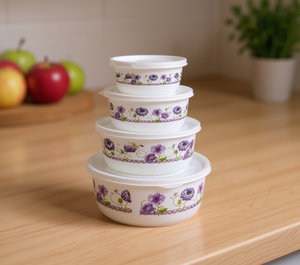 กล่องใส่อาหาร 4 ชิ้น 300 มล. 500 มล. 900 มล. 1.5 ลิตร แบบซ้อนได้ พร้อมฝาปิด ลายดอกไม้ ชุดเก็บของในครัว - Product Image 2