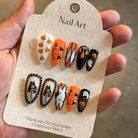 Faux ongles personnalisés pour Halloween, forme amande longue, motif citrouille noir et orange, faits à la main, réutilisables