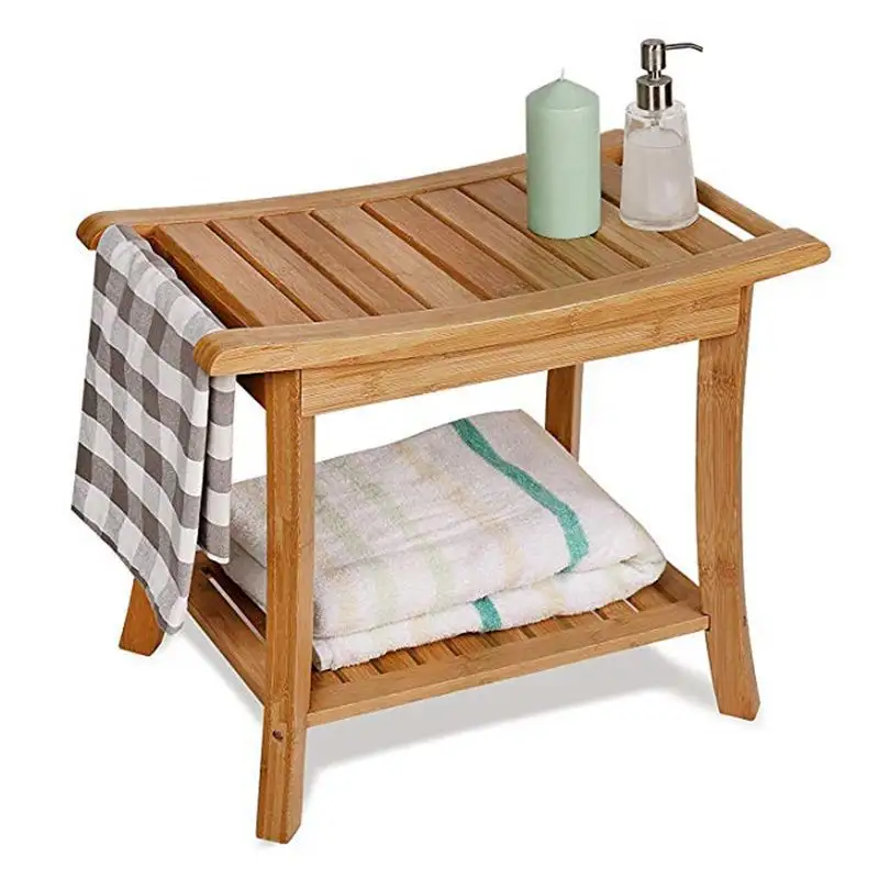 Bamboo Shower Bench Seat Wooden Spa Bath Deluxe Organizer Stool with Storage Shelf For Seating Chair Indoor Outdoor