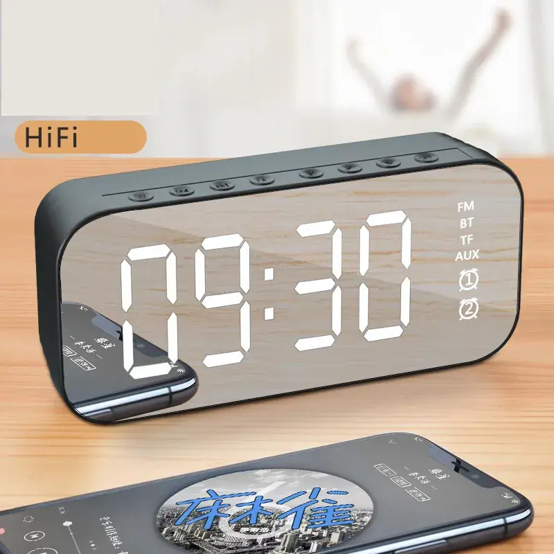 A18 Smart Dual Alarm Mirror Clock Led Digital Display Wake Up Table Clock Home Decoration HIfi Subwoofer Wireless Bt Speaker