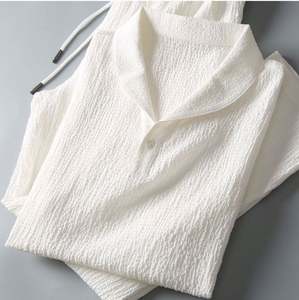 ชุดเซ็ตฤดูร้อนสำหรับผู้ชาย เสื้อแขนสั้น + กางเกงขายาว สีพื้น ปกเสื้อโปโล ติดกระดุม เอวยางยืด ชุดลำลอง - Product Image 6