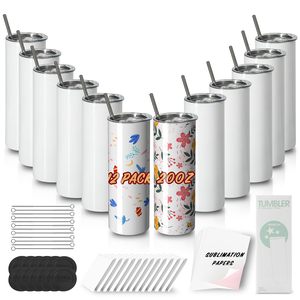 Ensemble de gobelets isothermes de voyage blancs écologiques de 20 oz, droits et fins, pour sublimation, en acier inoxydable à double paroi, avec couvercle et paille - Product Image 1