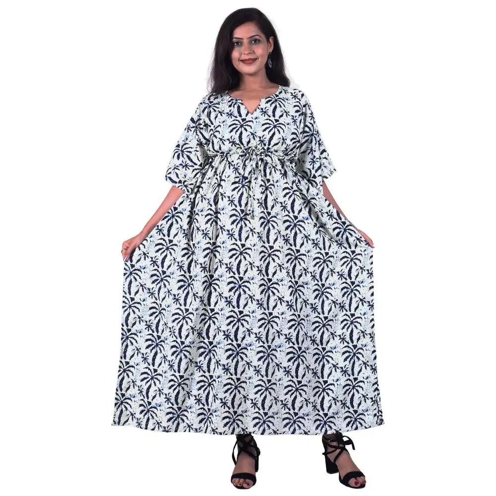 थोक मूल्यों पर थोक विक्रेता से शानदार भारतीय हैंड ब्लॉक ब्लॉक मुद्रित शुद्ध सूती पोशाक ढीली हिप्पी मैक्सी ड्रेस अबाया काफ्तान