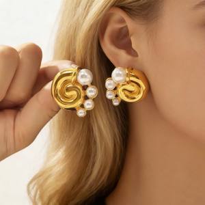 1 Par de Pendientes de Perlas con Textura de Concha Espiral Dorada - Joyería Ligera y Elegante para el Uso Diario - Product Image 6
