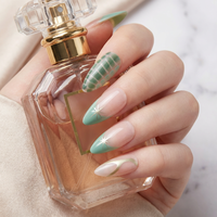 Lot de 24 faux ongles à presser, motif amande, vert dégradé, pointe française, pailletés, tendance et faciles à poser