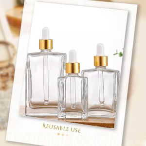 30ml 50ml 100ml Square Glass Serum <b>Dropper</b> <b>Bottles</b> for Essential Oil With Gold Sliver Bamboo Cap - Product Image 3