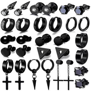 Juego de pendientes de aro de acero inoxidable, aretes y anillos negros unisex para fiesta, joyería de moda, piercing, forma de cruz, circular, triangular - Product Image 1