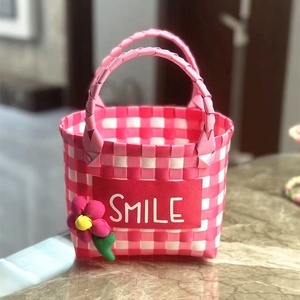 New Style Open Plastic Woven Strapless Bag <strong>Small</strong> Square Women's Handbag Gift <strong>Basket</strong> Children's Bag with Knitted Patchwork - Product Image 4
