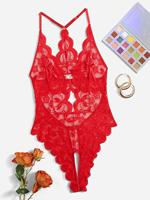 Combinaison Sexy en Dentelle Florale, Entrejambe Ouvert et Perspective Transparente, Lingerie Séduction Passionnée pour Femme