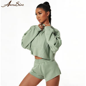 Ensemble 2 pièces sweat à capuche et short de sport pour femme haut court zippé et ceinture élastique séchage rapide pour la saison d'automne grande taille - Product Image 1