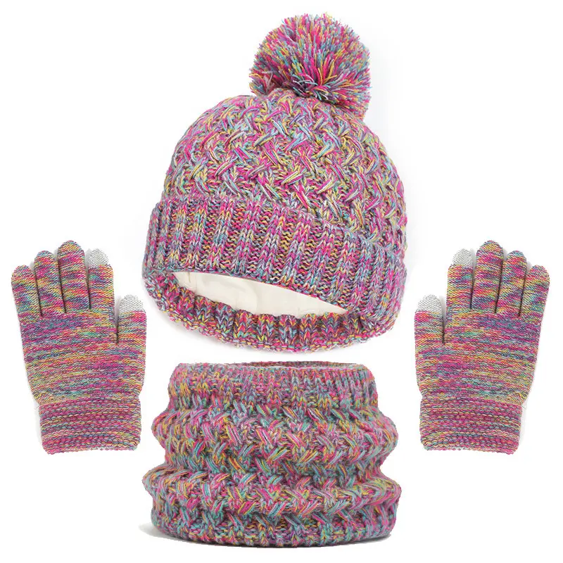 Bufanda acrílica tejida para niños al por mayor, guantes, sombrero, sombreros de invierno gruesos de otoño e invierno de 3 piezas