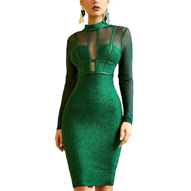 New Dress Green Sexy Lace Long Sleeve Bandage Gilded Skirt Cocktail Party Prom Evening Dress