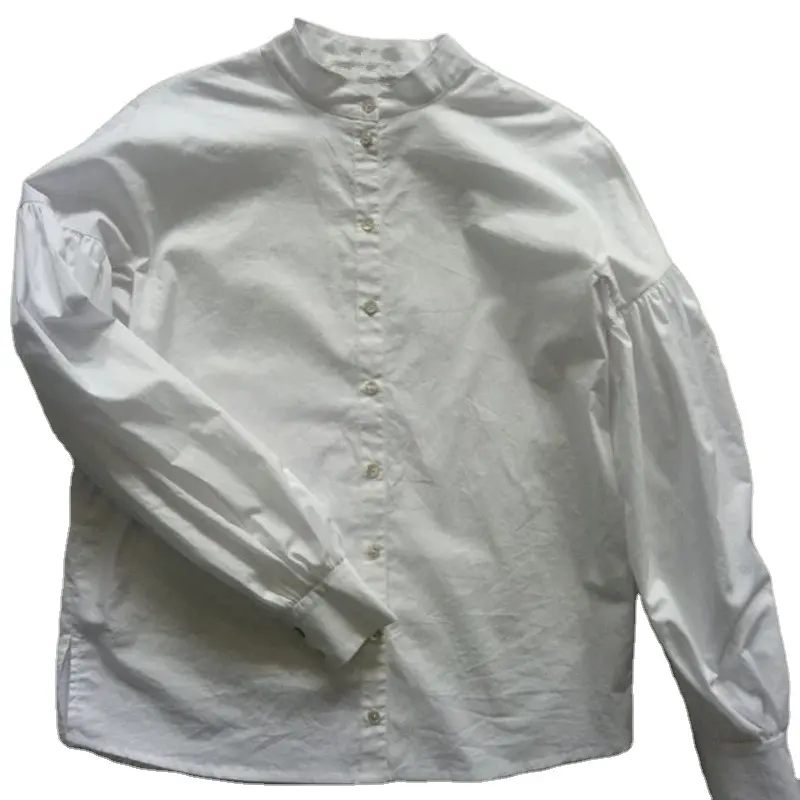 Blusa de manga larga con mangas abullonadas para mujer, camisa blanca con cuello vuelto, popelina informal
