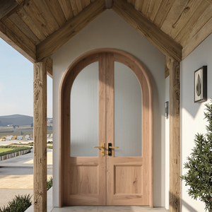 French Country Solid Wood and Glass Patio Door with Arched Top &amp; Decorative Leaded Glass for Front <strong>Entry</strong> - Product Image 1