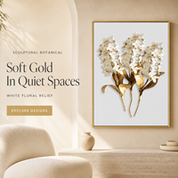 Triptyque mural en toile botanique or blanc avec imprimés de feuilles florales pour salon, chambre, réception, hôtel, décoration minimaliste