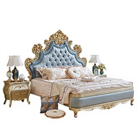 Lit king-size en bois sculpté à la main, style européen, classique et élégant, avec feuilles d'or, pour villa de luxe