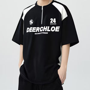 Black White Color Block Jersey Style T-Shirt Men's Outfit Half Zip Motorcycle <b>Short</b> <b>Sleeve</b> Summer Trendy Couple <b>Sweatshirt</b> - Product Image 5