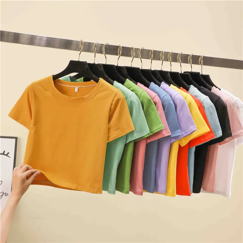 Wholesale Custom Simple Design Cotton Crew Neck Crop Top Plain Blank Short T-shirts T Shirts for Women