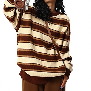 Pull en tricot rayé marron crème surdimensionné pour femme, manches longues, col rond, coupe ample, style streetwear décontracté pour l'automne et l'hiver - Product Image 5