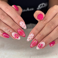 Lot de 24 faux ongles à presser en amande française, couleur nude, avec nœuds, strass, pois et motifs floraux roses, en ABS réutilisable, personnalisable avec logo OEM ODM