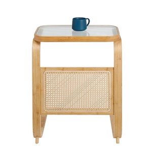 Nordic <strong>C</strong> <strong>Shaped</strong> Bamboo Rattan Bedroom Bed Sofa Coffee Side <strong>Table</strong> for Living Room, Glass Top End <strong>Table</strong> - Product Image 4