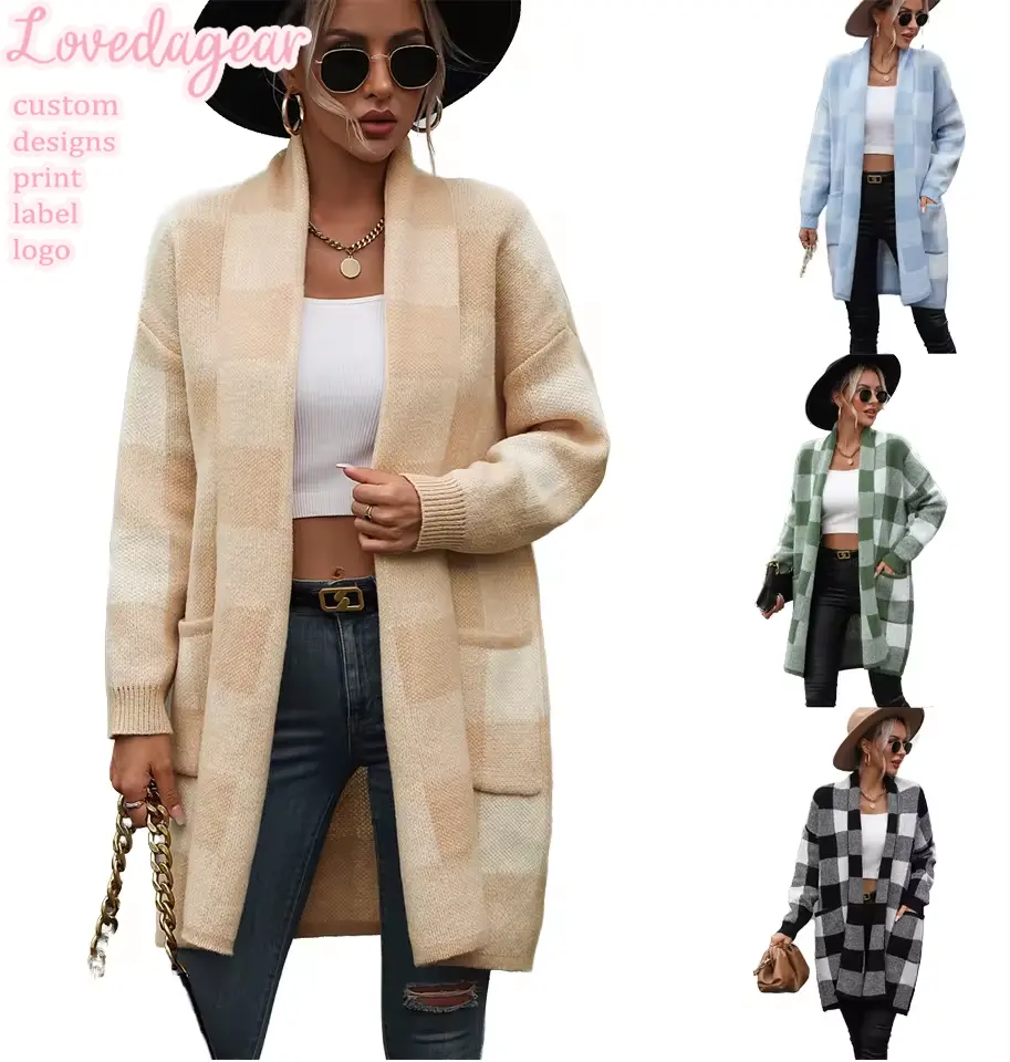 Loveda bán buôn giản dị dệt kim rô mở phía trước dài cardigan draped Snap trâu kẻ sọc Kimono cardigan cho phụ nữ