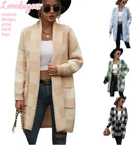 Loveda Wholesale Casual Knitted Checkered Open Front Long Cardigan Draped Snap Buffalo Plaid Kimono Cardigan For Women