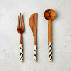 Ensemble de couverts en bois moderne avec design de poignée en chevron, finition mate naturelle, style minimaliste pour le camping, la maison, la cuisine et l'hôtel - Product Image 1