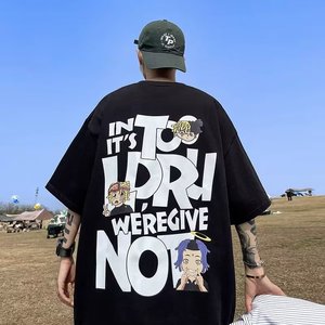 T-shirt da uomo in cotone oversize con spalle scese, personalizzabile con stampa logo, ricamo nero, per abbigliamento maschile - Product Image 1