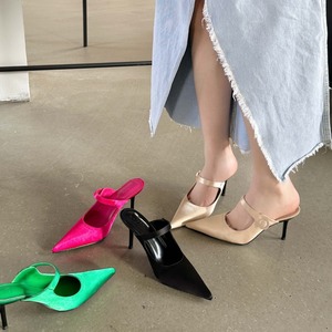 Spring Summer New Pointy Thin Mid Slippers Satin High Heel Women Europe and the United States Fashion Baotou Half Drag - Product Image 1