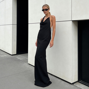 Sexy Solid Natural Woven Cowl Neck Backless Maxi Dress Women Flared Skirt Slim Fit Evening Gown Party Formal Wear - Product Image 3