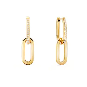 New Trendy Pave Cz Convertible Rectangle Chain Link Hoop Earrings For Mature Women