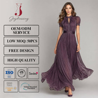 Robe longue élégante Joydressing en mousseline de soie violet foncé, sexy, à col montant, manches bouffantes, froncée, pour soirées, vente en gros, fournisseur personnalisé