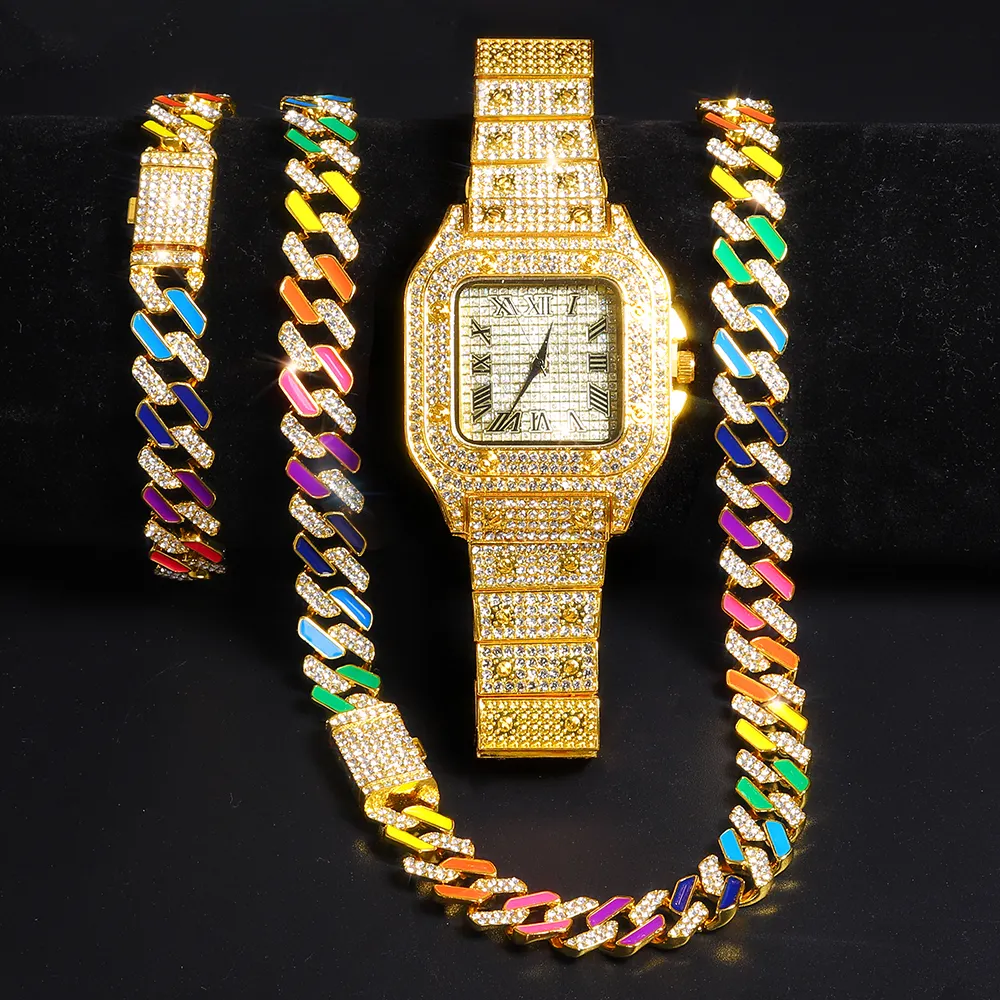 Hip Hop Watch for men Miami Curb Cuban Chain men watches Bracelet set with Necklace Iced Out Watch man Gold Cuban jewelry sets