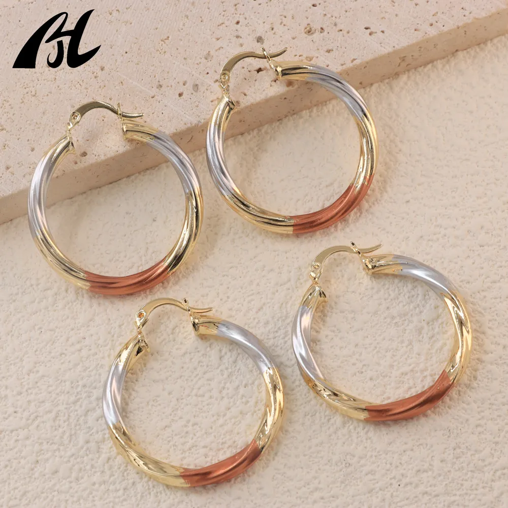 Bijoux de luxe Bijoux en Acier Commuter Métallique Tri Couleur Boucles D'oreilles Or Rose Twisted Hoop Boucles d'oreilles pour les femmes