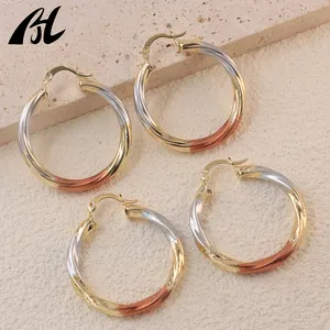 Luxury Jewelry Bijoux En Acier Commuter Metallic Tri Color Earrings Rose Gold Twisted Hoop Earrings For Women