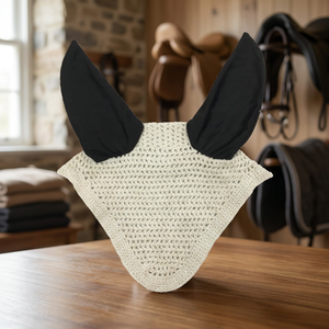 White Mesh Horse Fly Veil Black <b>Ear</b> <b>Covers</b> Handmade Equestrian Bonnet Soft Padded Comfortable High Quality Clush Model YUX445 - Product Image 3