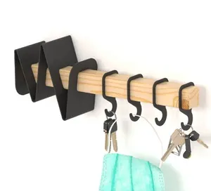 Home Decor Wall Hanger With Shelf Black Metal Wooden Key Holder Unique Wall Hook For Key Wall Decor Metal Crafts