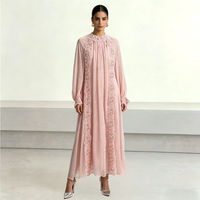 Robe Kaftan Modeste en Chiffon de Dubaï, Fabrication OEM, Robe Longue Maxi Romantique à Manches Longues avec Dentelle Rose 3D et Perles, Tenue de Cérémonie pour Invitée de Mariage ou de l'Aïd