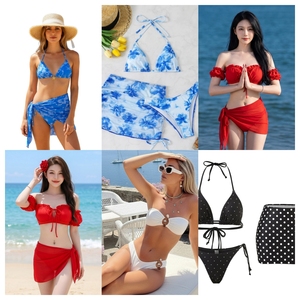 Factory Supply Women 3 Piece Bikini Set Bandeau Top Tie Side Bottom Floral Print Ruched Stretch <b>Swimwear</b> With <b>Skirt</b> - Product Image 1