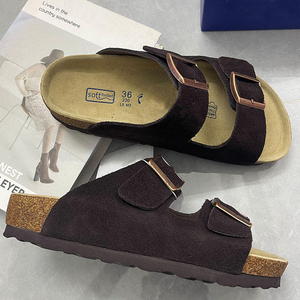 Sandalias Ajustables con Doble Hebilla y Suela de Corcho, Unisex, Punta Abierta, Gamuza de Vaca, Acolchadas, para Interiores y Exteriores, Talla 36 - Product Image 1