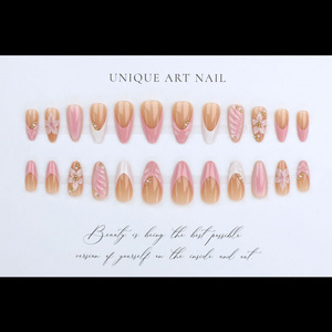 <span class=keywords><strong>Faux</strong></span> ongles à presser 3D roses floraux nude amande, avec perles dorées et motif tourbillon brillant, réutilisables pour mariage et usage quotidien - Product Image 4